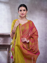 ZARI MAHAL-Graceful Rani Pink & Olive Green Designer Linen Saree