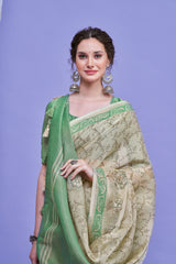 ZARI MAHAL-Elegant Beige & Mint Green Floral Printed Linen Saree