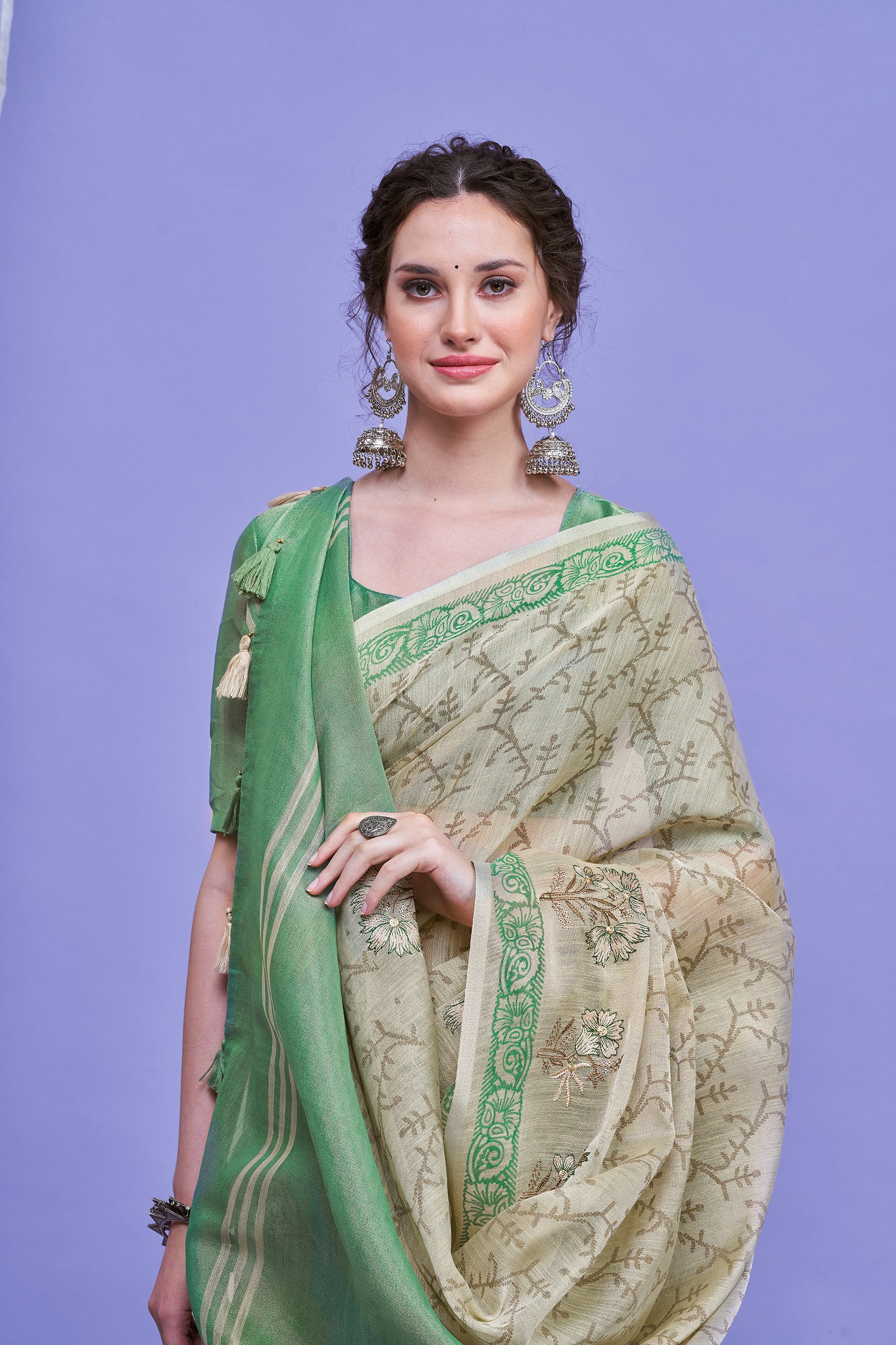 ZARI MAHAL-Elegant Beige & Mint Green Floral Printed Linen Saree