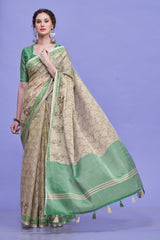 ZARI MAHAL-Elegant Beige & Mint Green Floral Printed Linen Saree