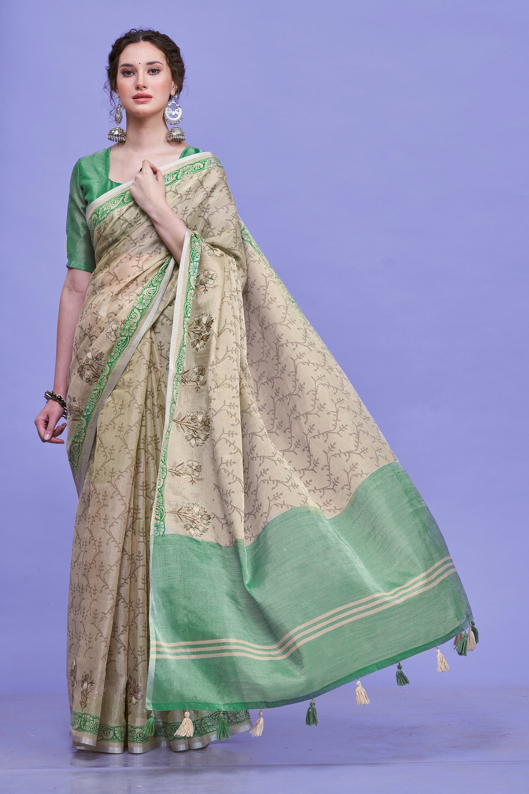 ZARI MAHAL-Elegant Beige & Mint Green Floral Printed Linen Saree