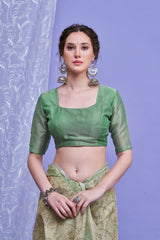 ZARI MAHAL-Elegant Beige & Mint Green Floral Printed Linen Saree