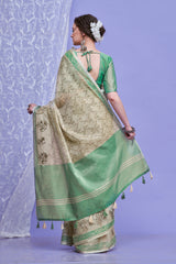 ZARI MAHAL-Elegant Beige & Mint Green Floral Printed Linen Saree
