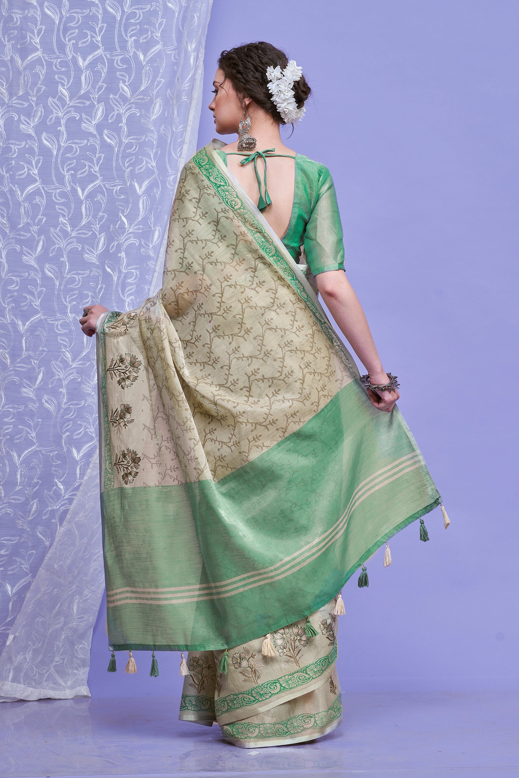 ZARI MAHAL-Elegant Beige & Mint Green Floral Printed Linen Saree