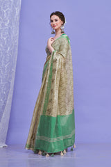 ZARI MAHAL-Elegant Beige & Mint Green Floral Printed Linen Saree