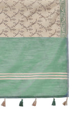 ZARI MAHAL-Elegant Beige & Mint Green Floral Printed Linen Saree
