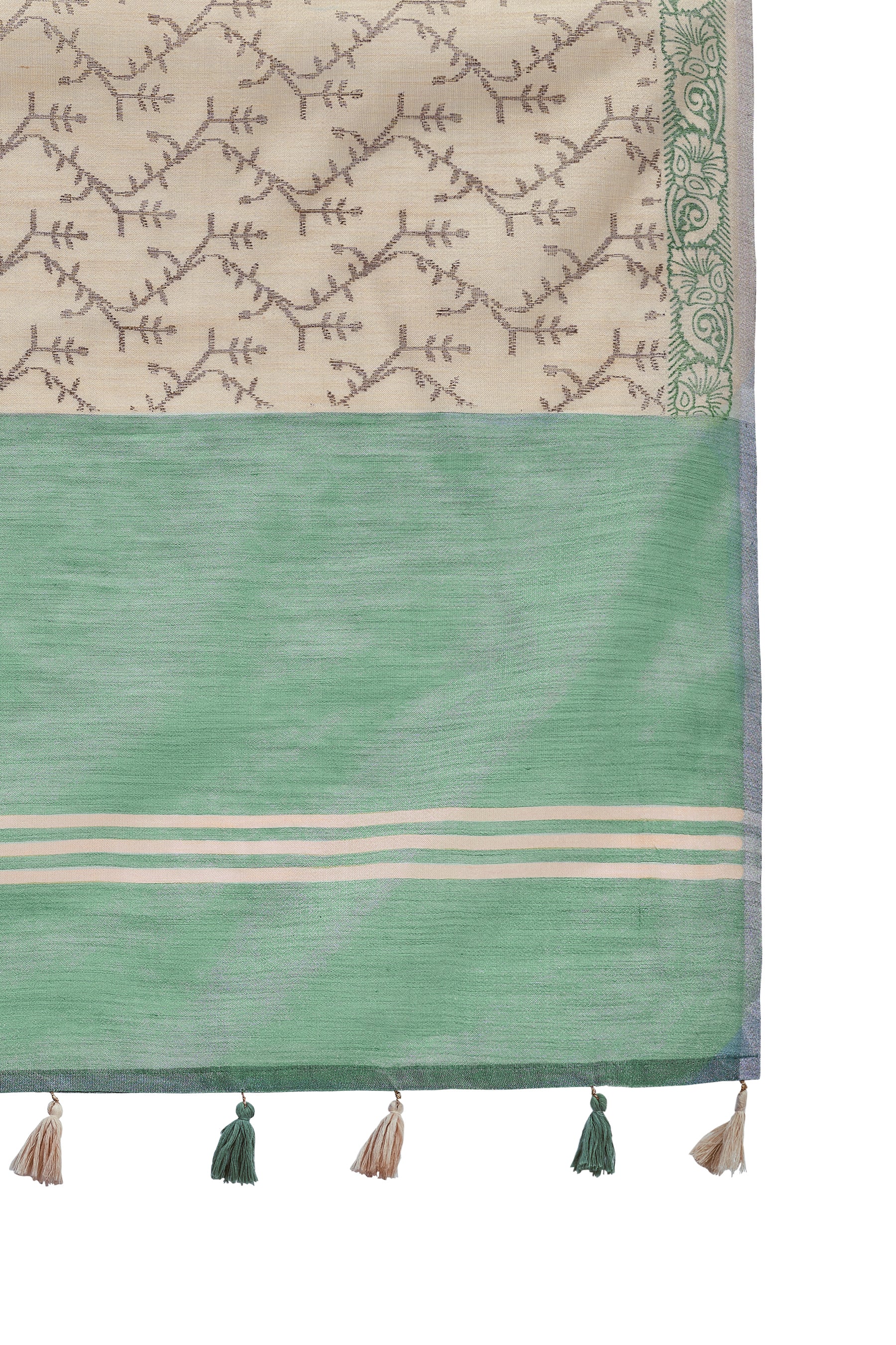 ZARI MAHAL-Elegant Beige & Mint Green Floral Printed Linen Saree