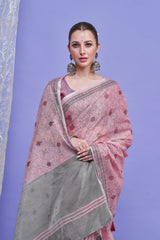 ZARI MAHAL-Elegant Blush Pink Floral Printed Linen Saree with Silver Border