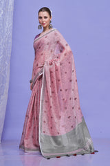 ZARI MAHAL-Elegant Blush Pink Floral Printed Linen Saree with Silver Border