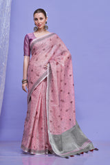 ZARI MAHAL-Elegant Blush Pink Floral Printed Linen Saree with Silver Border