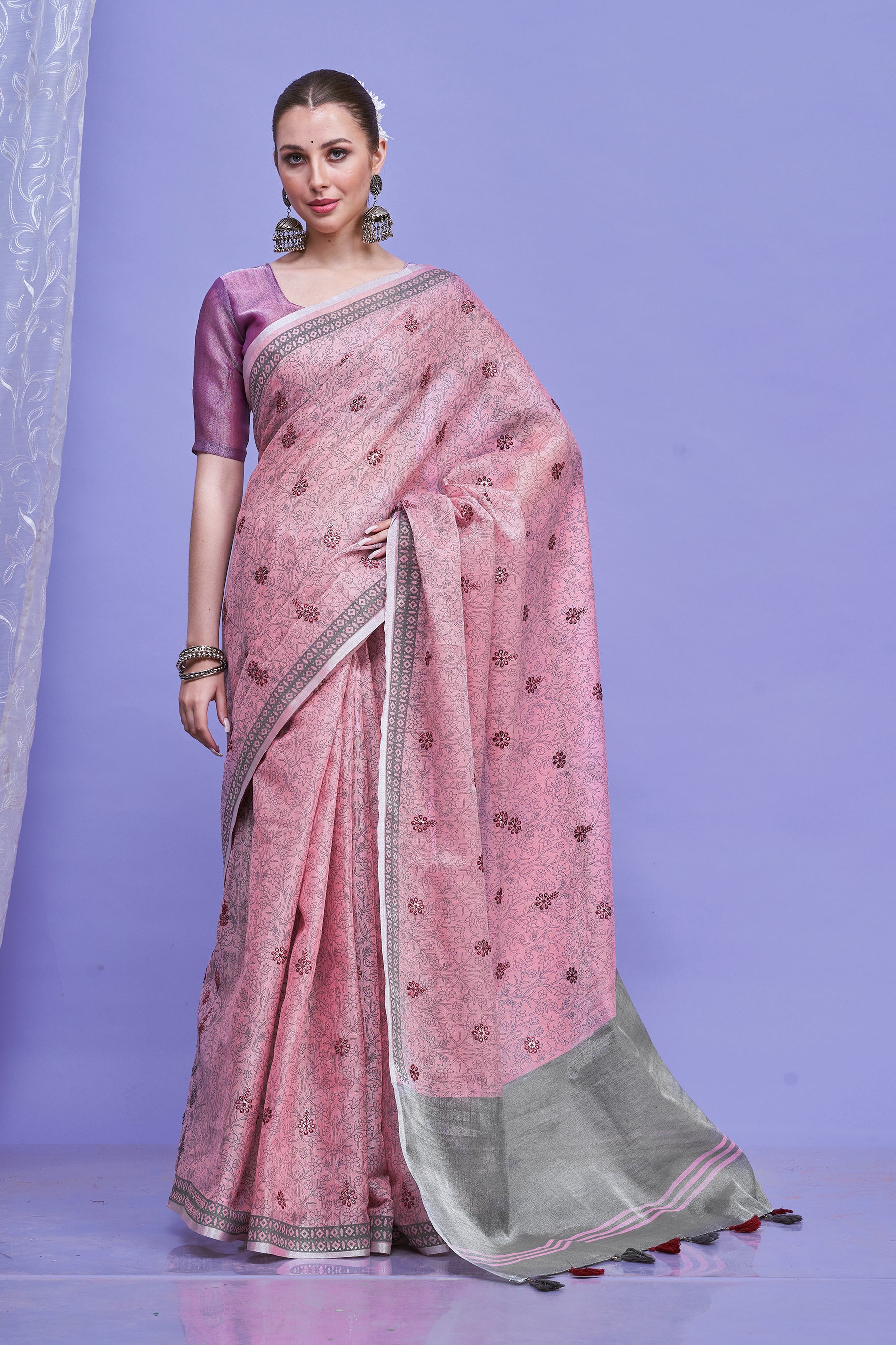 ZARI MAHAL-Elegant Blush Pink Floral Printed Linen Saree with Silver Border