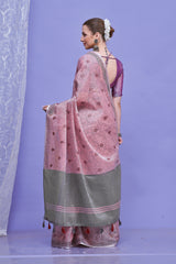 ZARI MAHAL-Elegant Blush Pink Floral Printed Linen Saree with Silver Border
