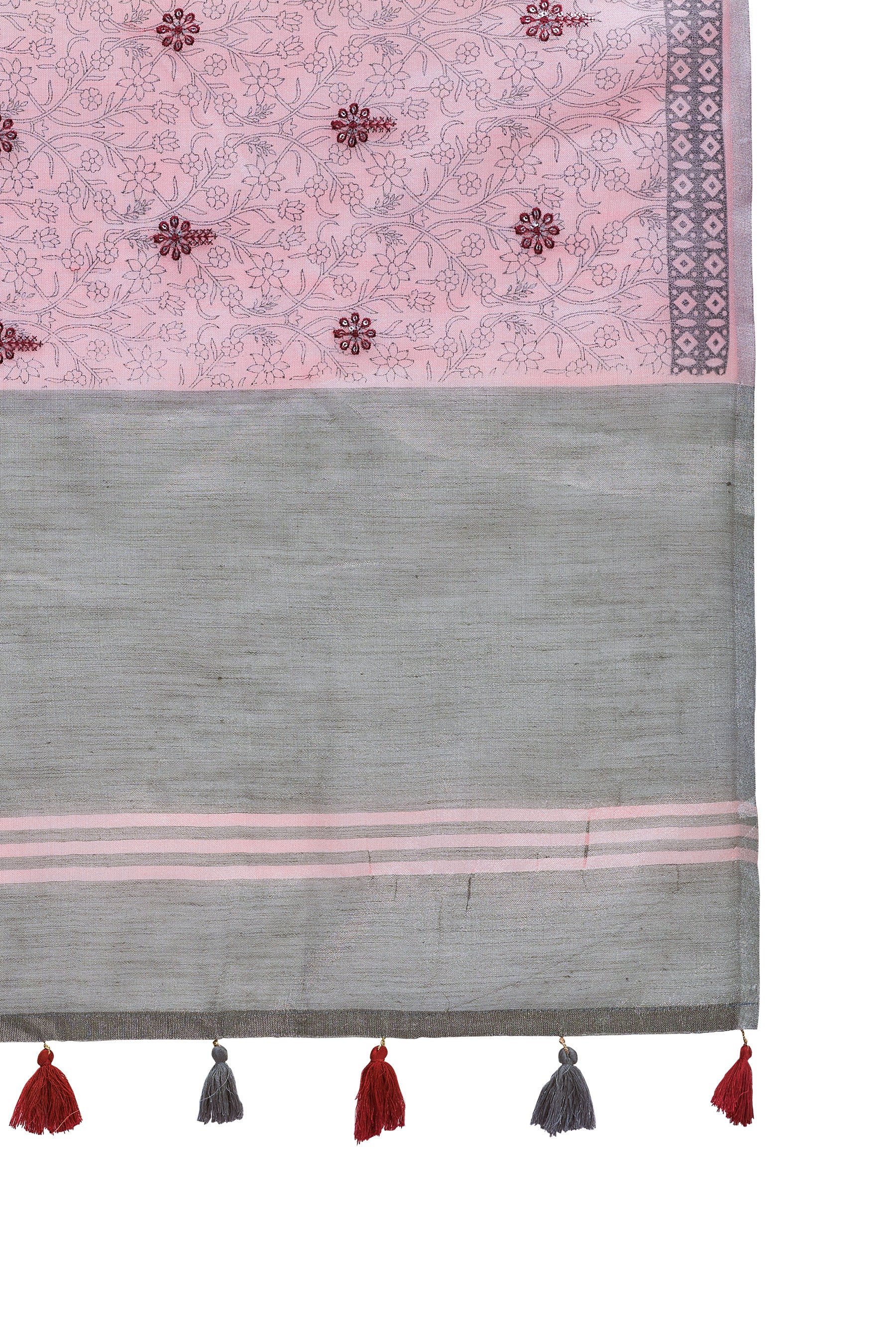 ZARI MAHAL-Elegant Blush Pink Floral Printed Linen Saree with Silver Border
