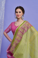 ZARI MAHAL-Olive Green & Pink Zari Woven Linen Saree with Rich Contrast Pallu