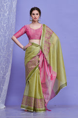 ZARI MAHAL-Olive Green & Pink Zari Woven Linen Saree with Rich Contrast Pallu