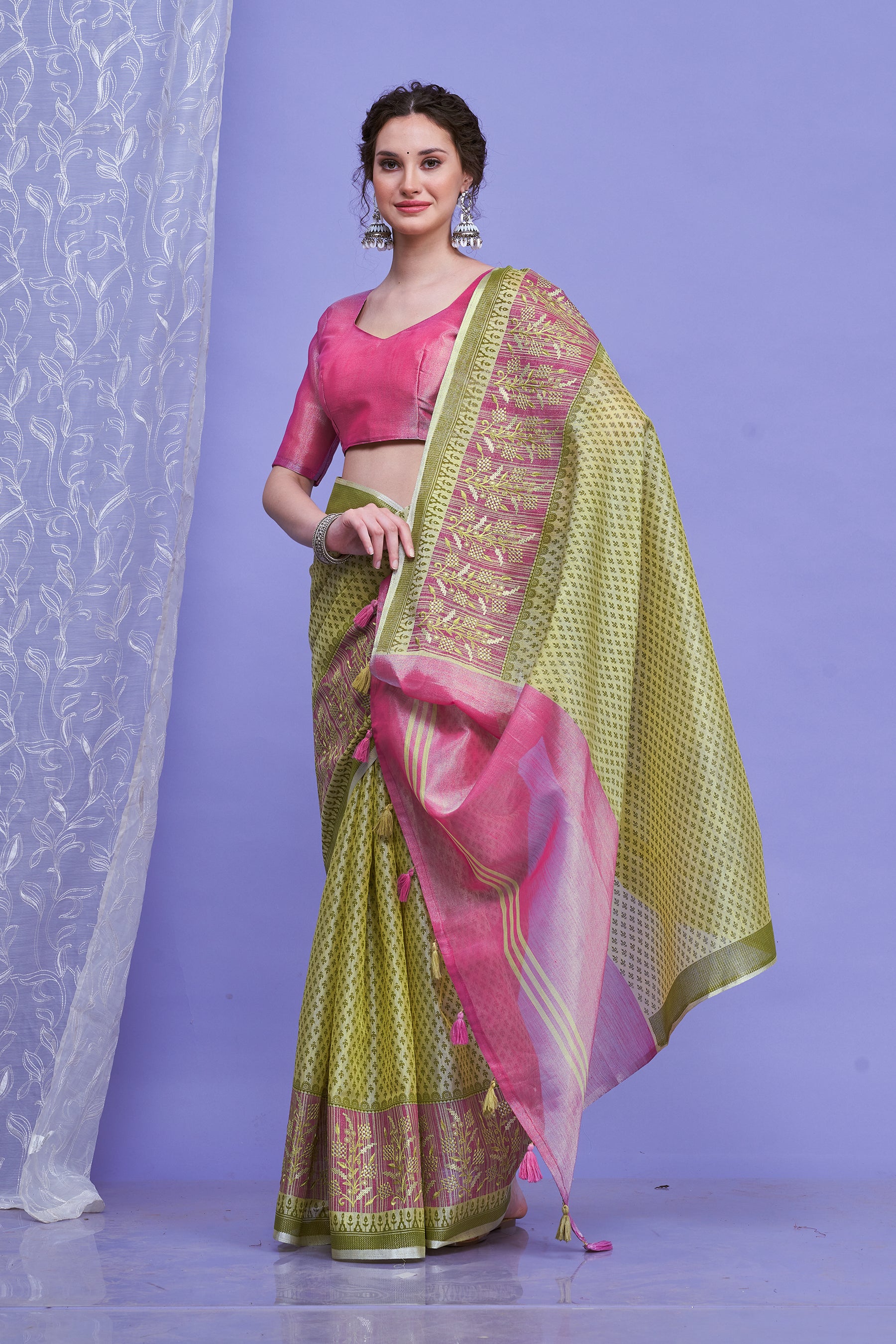 ZARI MAHAL-Olive Green & Pink Zari Woven Linen Saree with Rich Contrast Pallu