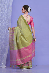 ZARI MAHAL-Olive Green & Pink Zari Woven Linen Saree with Rich Contrast Pallu