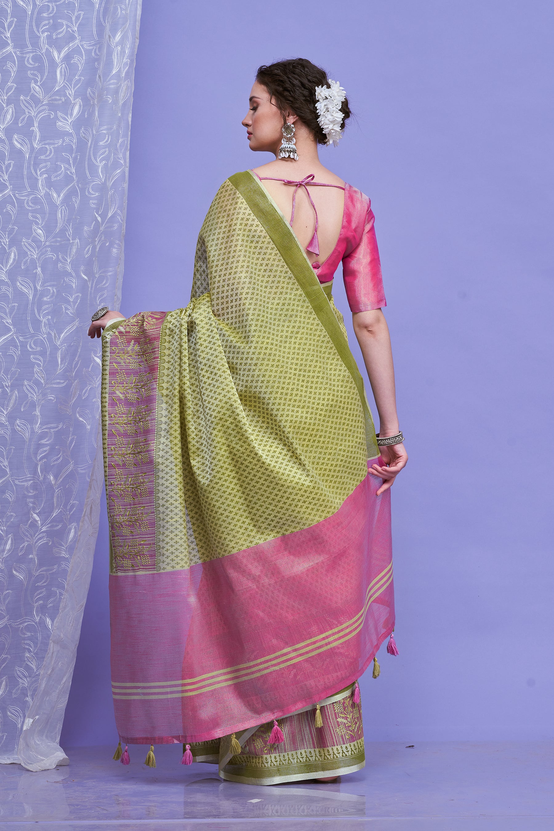 ZARI MAHAL-Olive Green & Pink Zari Woven Linen Saree with Rich Contrast Pallu