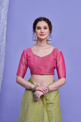 ZARI MAHAL-Olive Green & Pink Zari Woven Linen Saree with Rich Contrast Pallu