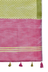 ZARI MAHAL-Olive Green & Pink Zari Woven Linen Saree with Rich Contrast Pallu