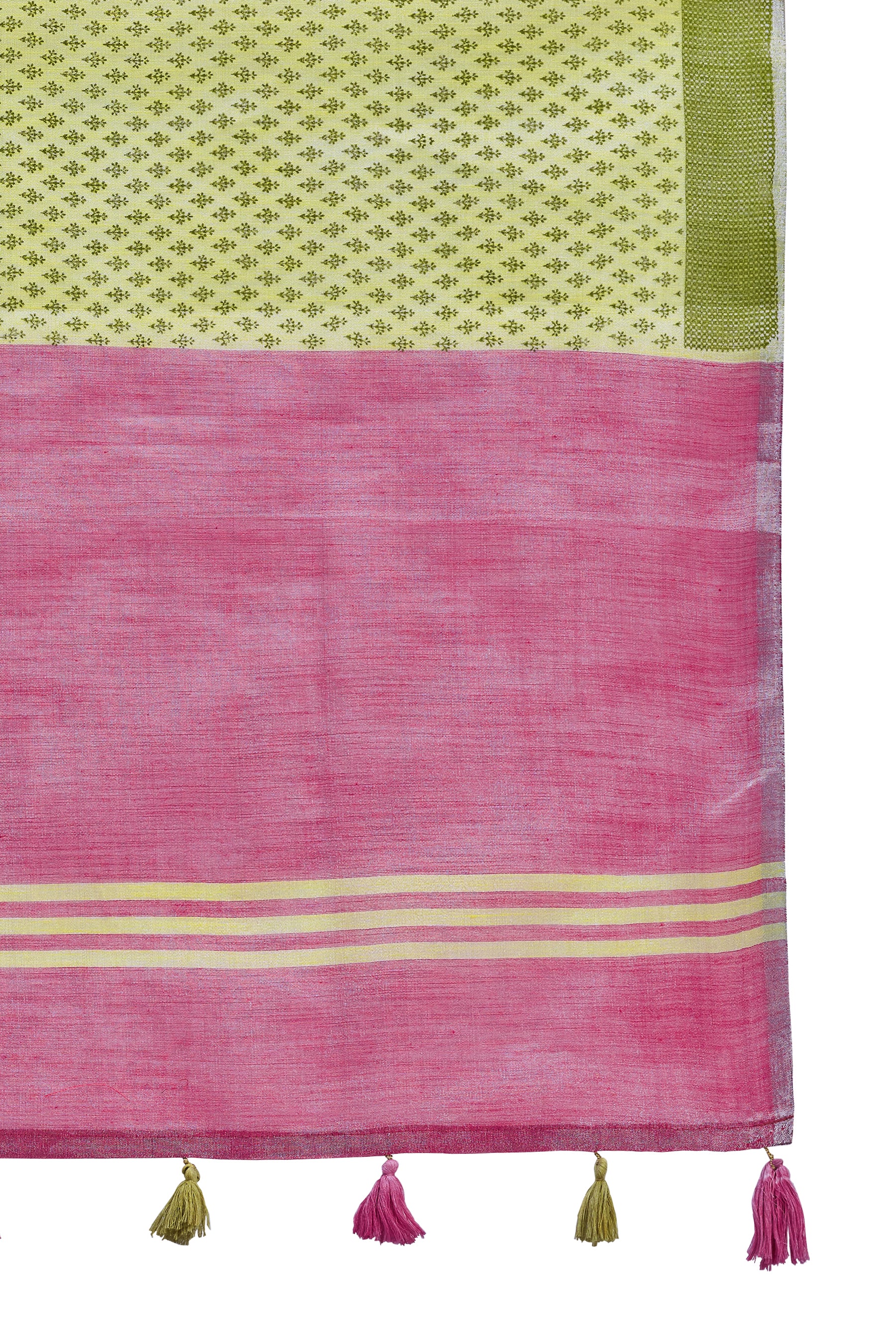 ZARI MAHAL-Olive Green & Pink Zari Woven Linen Saree with Rich Contrast Pallu