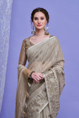 ZARI MAHAL-Elegant Beige Linen Saree with Intricate Woven Floral Border