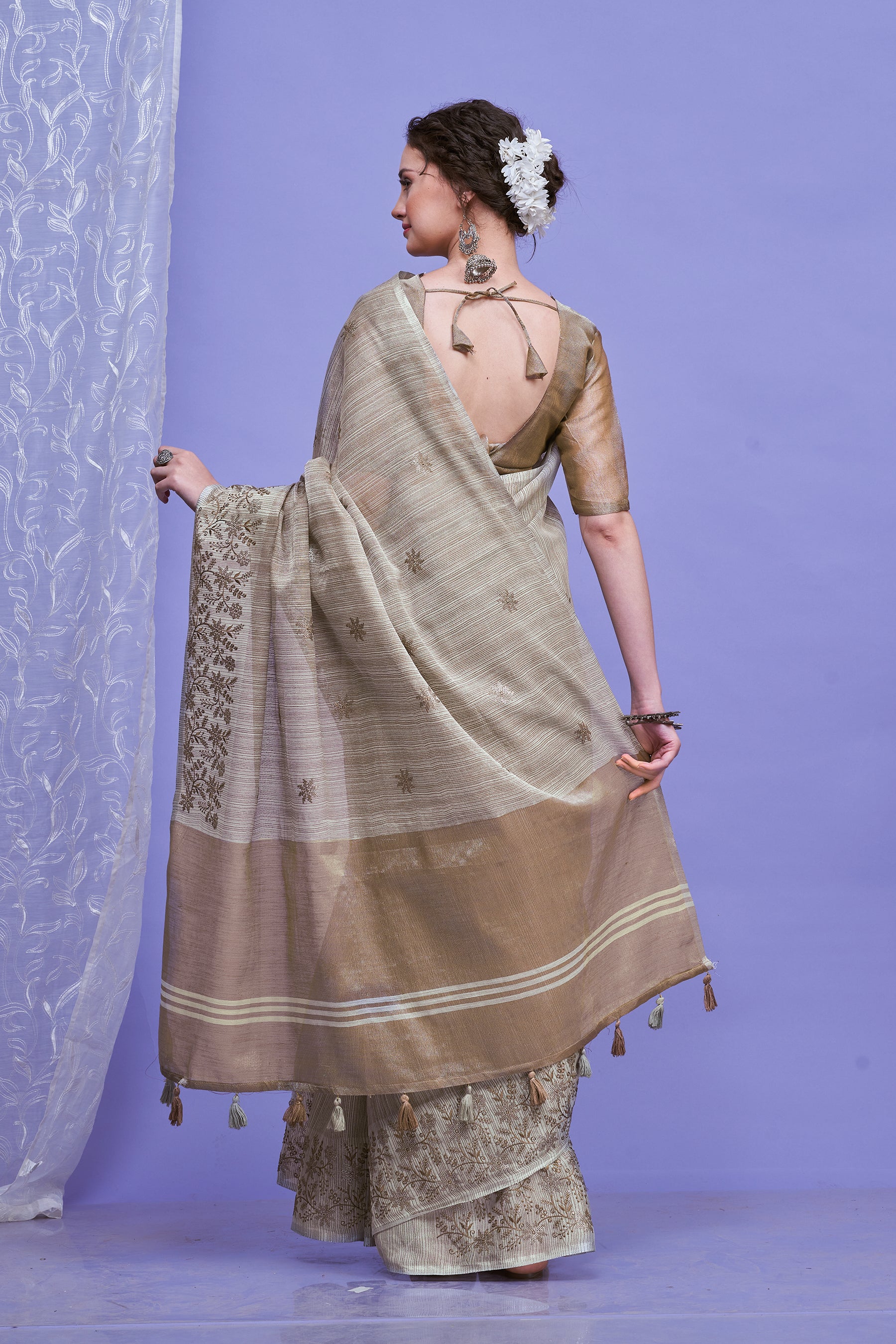 ZARI MAHAL-Elegant Beige Linen Saree with Intricate Woven Floral Border