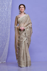 ZARI MAHAL-Elegant Beige Linen Saree with Intricate Woven Floral Border