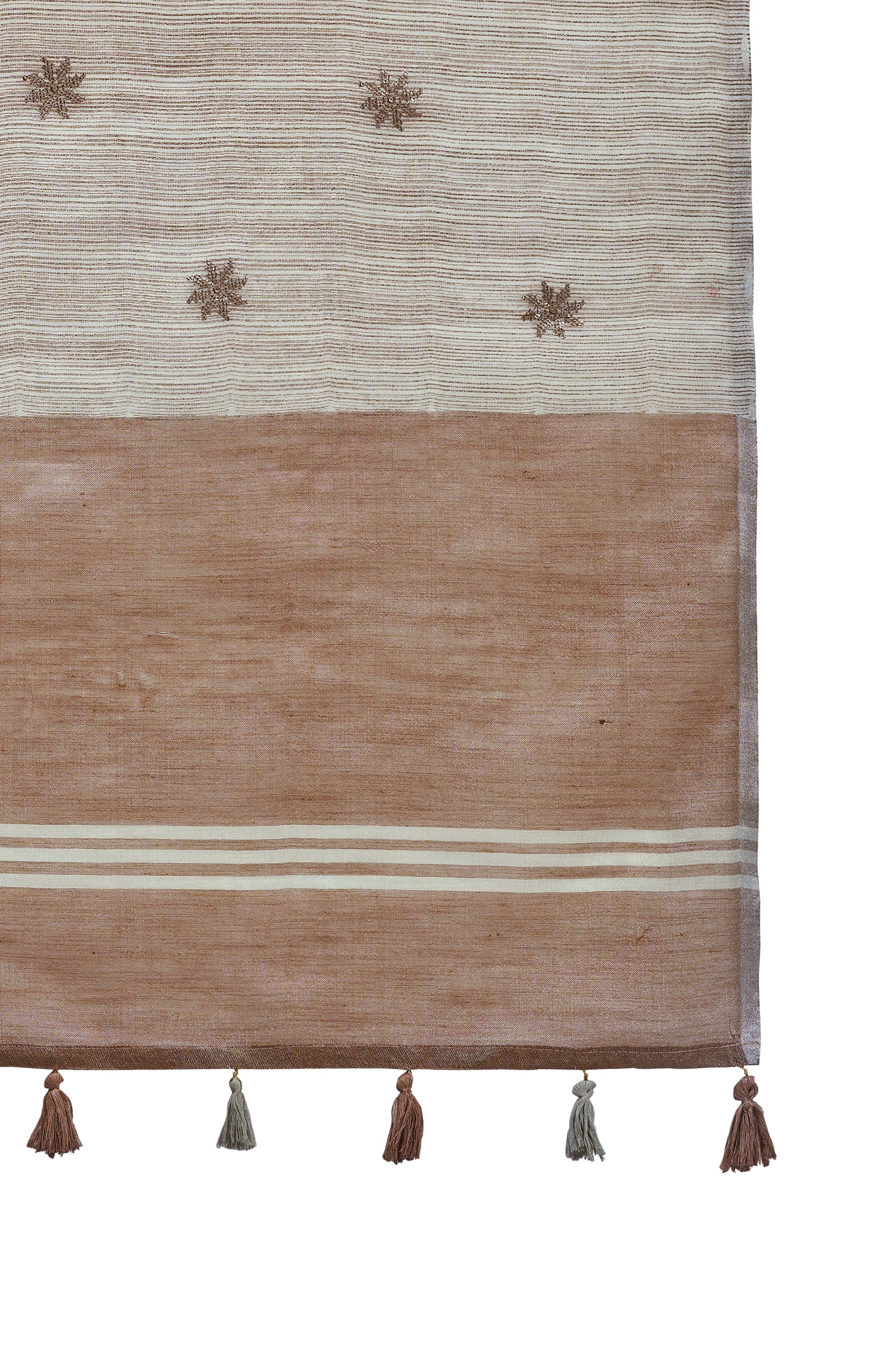 ZARI MAHAL-Elegant Beige Linen Saree with Intricate Woven Floral Border