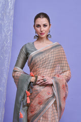 ZARI MAHAL-Peach & Grey Checked Linen Saree with Floral Woven Border