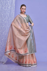 ZARI MAHAL-Peach & Grey Checked Linen Saree with Floral Woven Border
