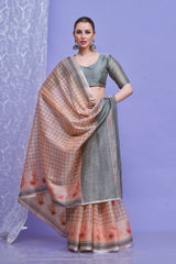 ZARI MAHAL-Peach & Grey Checked Linen Saree with Floral Woven Border