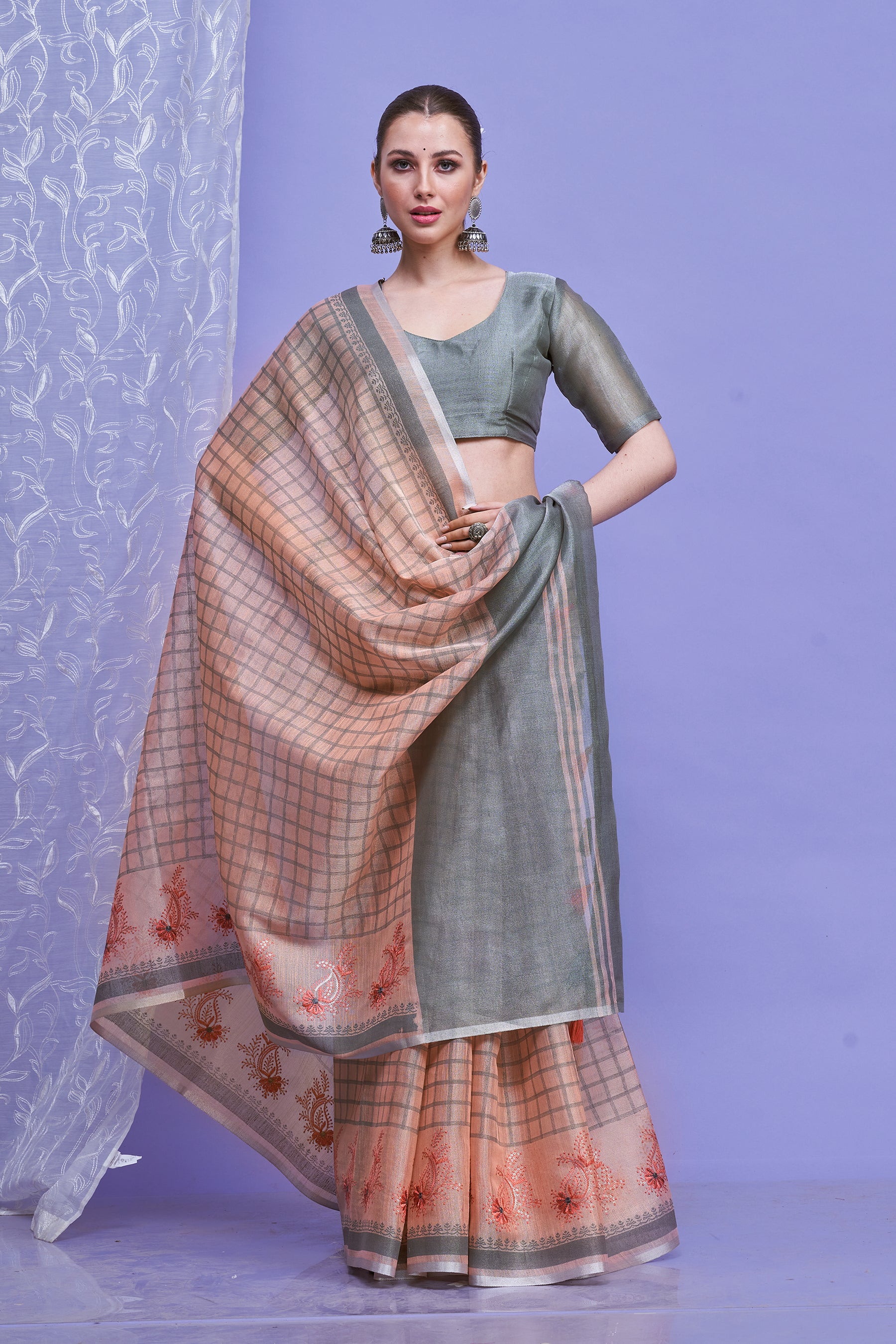 ZARI MAHAL-Peach & Grey Checked Linen Saree with Floral Woven Border