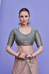 ZARI MAHAL-Peach & Grey Checked Linen Saree with Floral Woven Border