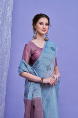 ZARI MAHAL-Sky Blue Linen Saree with Lavender Contrast Pallu & Embroidered Motifs