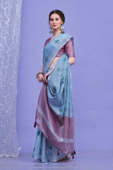ZARI MAHAL-Sky Blue Linen Saree with Lavender Contrast Pallu & Embroidered Motifs