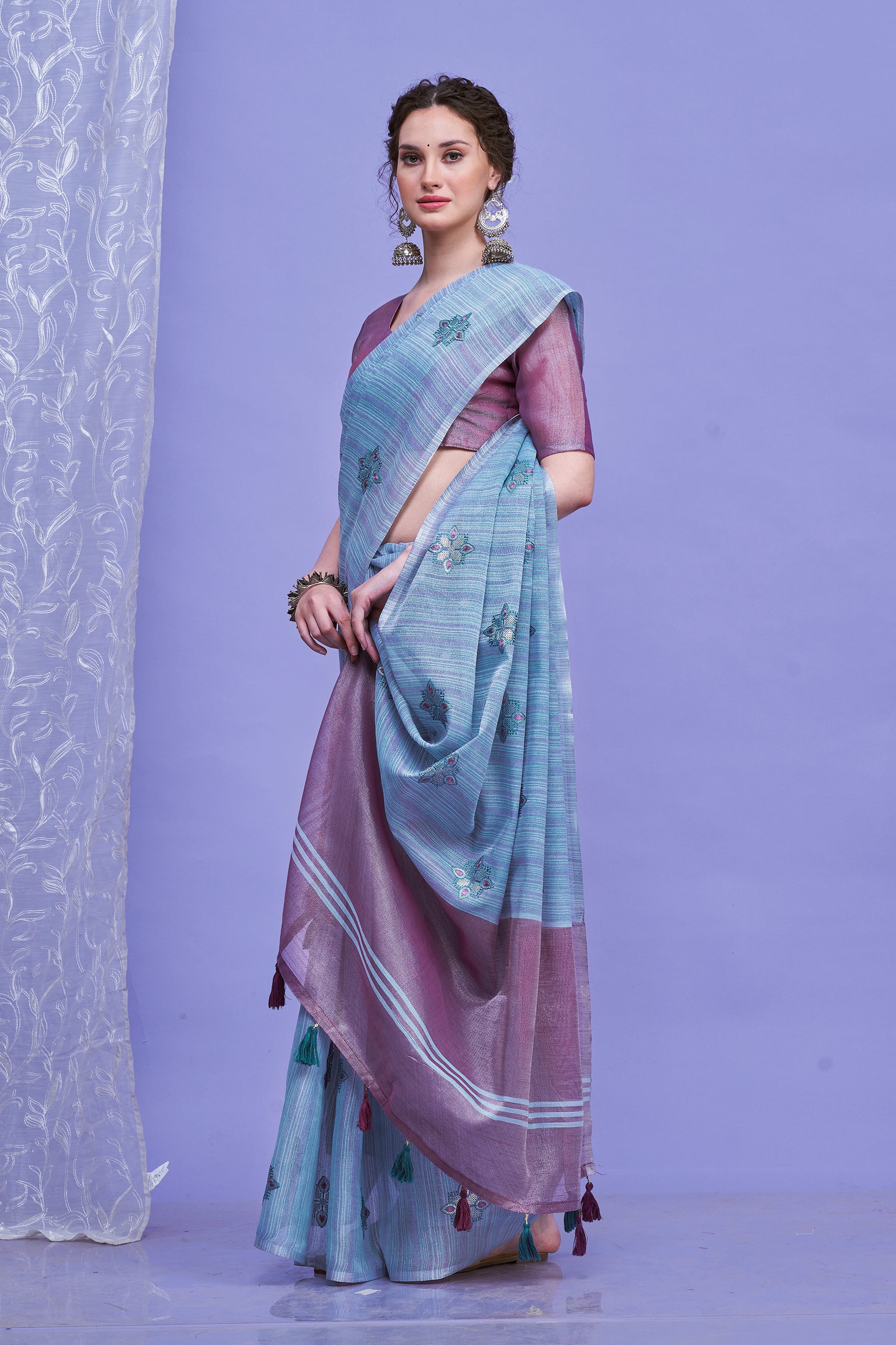 ZARI MAHAL-Sky Blue Linen Saree with Lavender Contrast Pallu & Embroidered Motifs