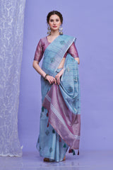 ZARI MAHAL-Sky Blue Linen Saree with Lavender Contrast Pallu & Embroidered Motifs