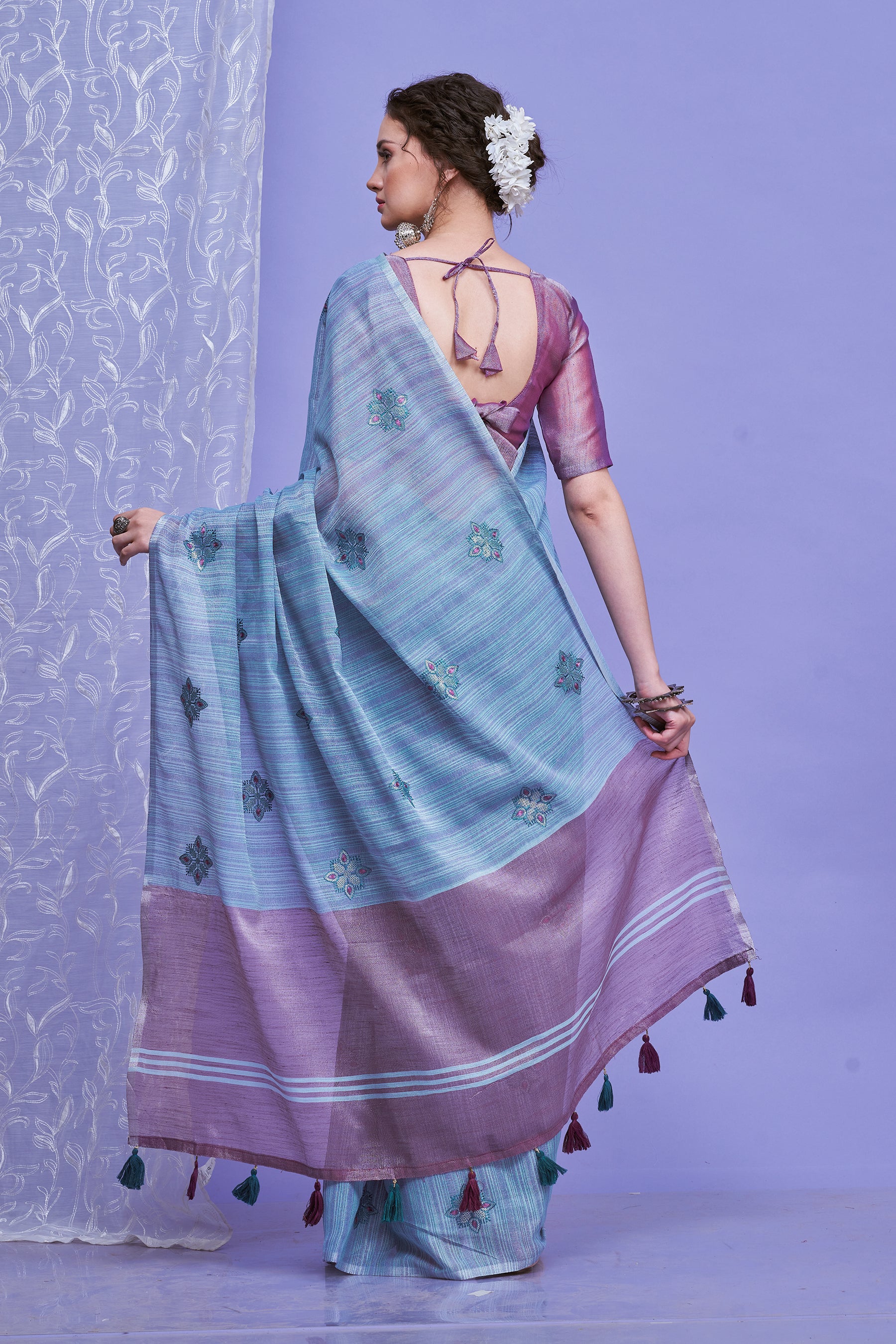 ZARI MAHAL-Sky Blue Linen Saree with Lavender Contrast Pallu & Embroidered Motifs