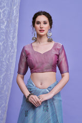 ZARI MAHAL-Sky Blue Linen Saree with Lavender Contrast Pallu & Embroidered Motifs
